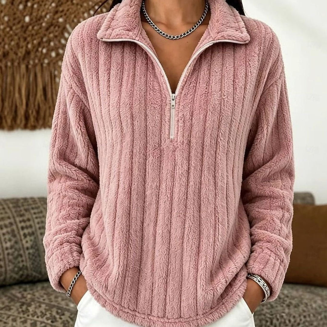 Ladies Fleece Sweater with Half Zip - Ribbed Pullover