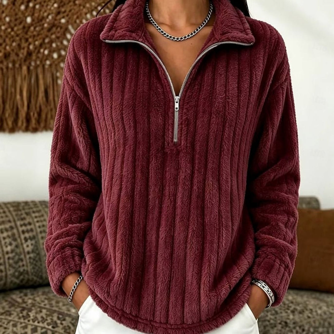 Ladies Fleece Sweater with Half Zip - Ribbed Pullover