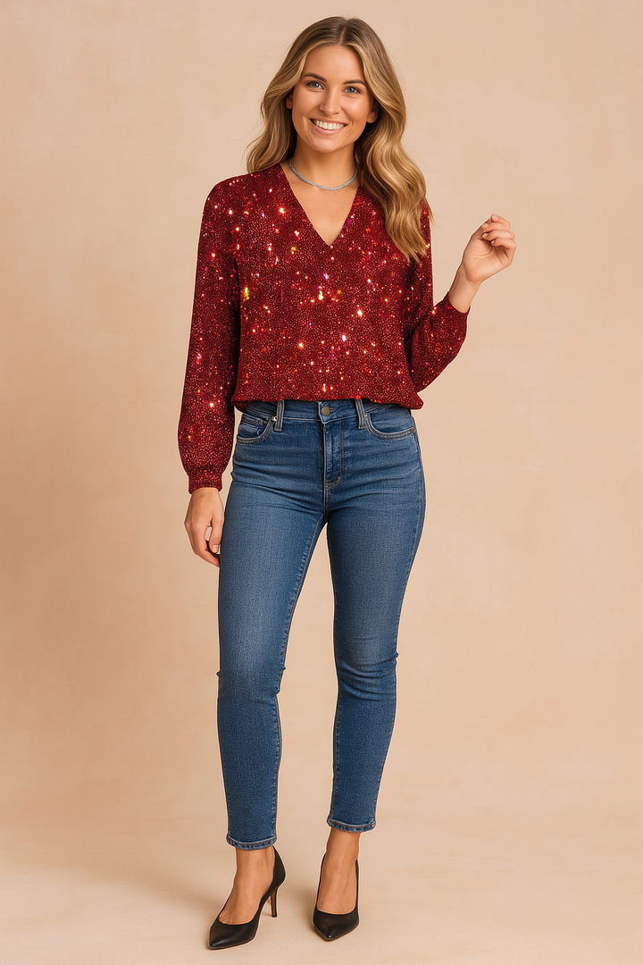 Women's Sparkling V-Neck Sequin Blouse - Party & Glamour Top