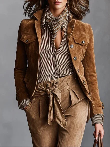 Ladies Suede Short Jacket with Lapel Collar