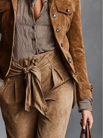 Ladies Suede Short Jacket with Lapel Collar