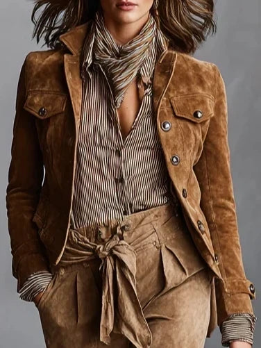 Ladies Suede Short Jacket with Lapel Collar