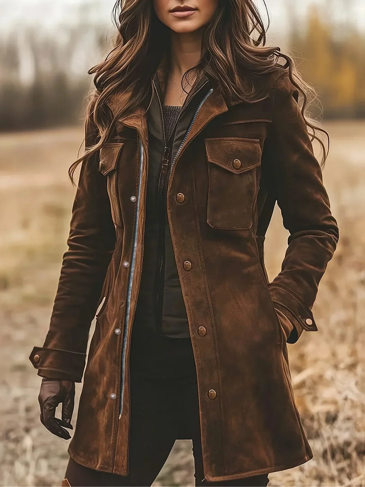 Women's Suede Jacket Brown with Notched Collar and Button Closure