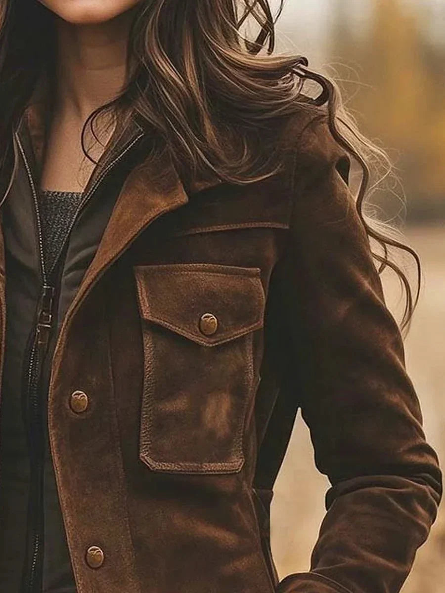 Women's Suede Jacket Brown with Notched Collar and Button Closure