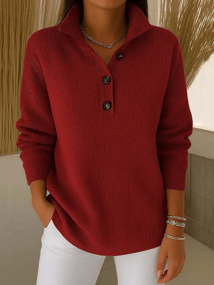 Ladies V-Neck Sweater with Polo Collar and Button Closure