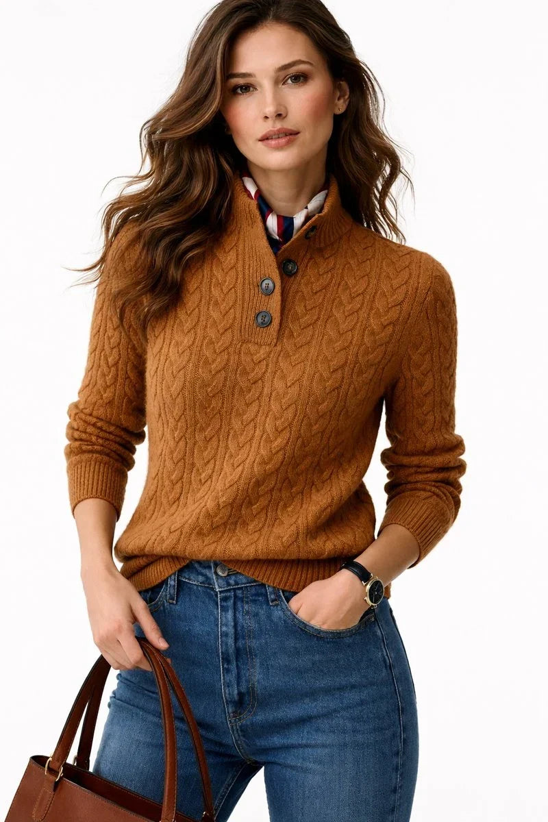 Ladies Cable Knit Sweater with Turtleneck and Buttons – Knitted Pullover