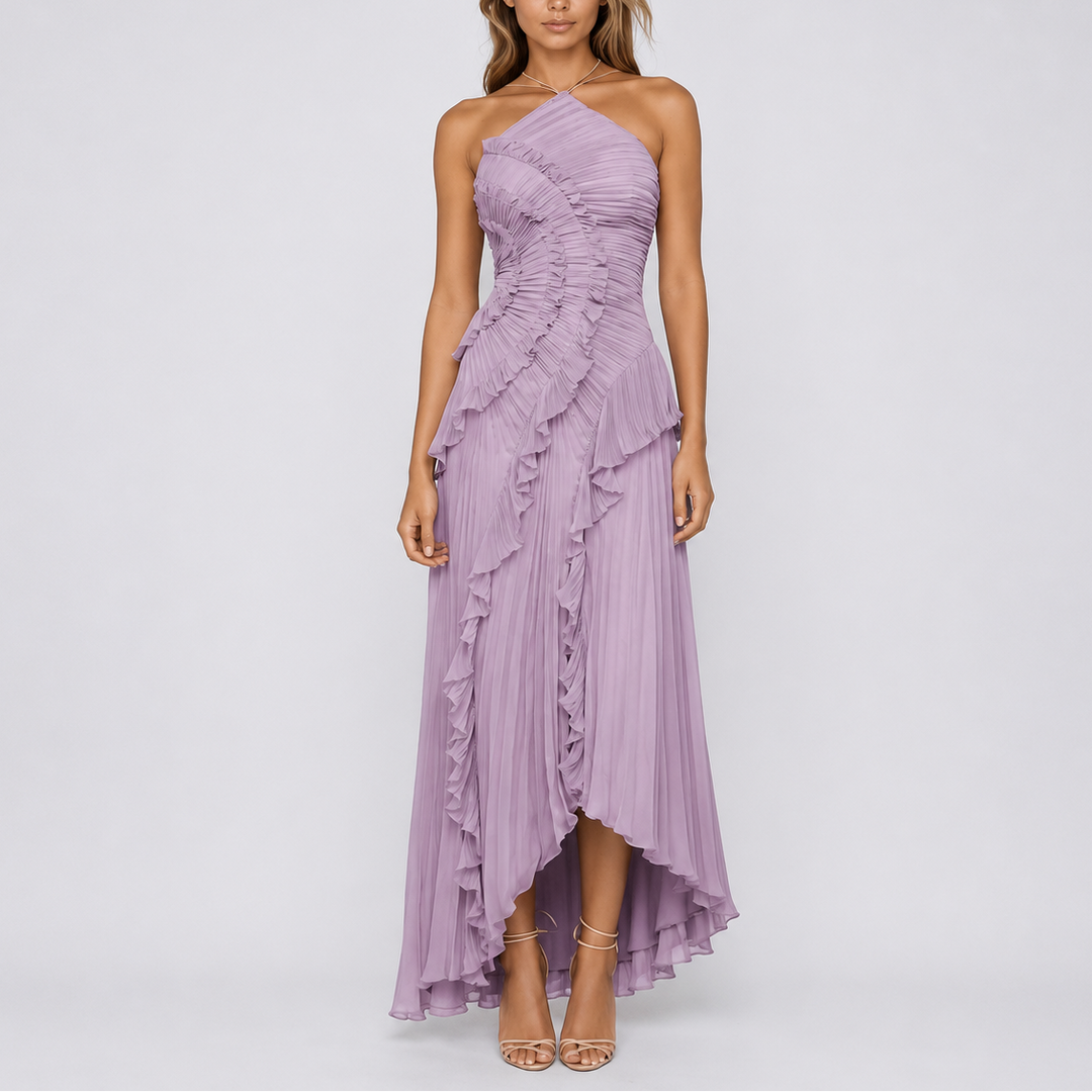 Women's Pleated Ruffle Halter Maxi Dress for Weddings & Events - Elena Harper