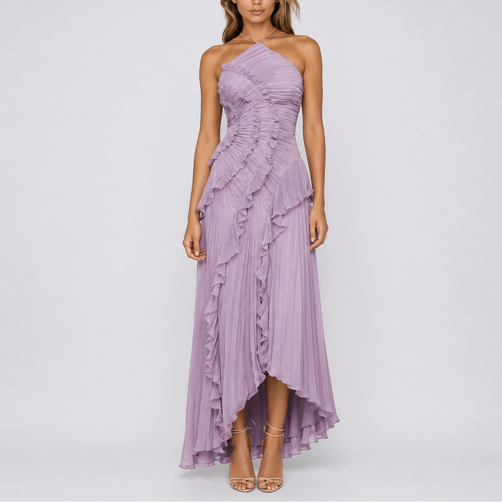 Women's Pleated Ruffle Halter Maxi Dress for Weddings & Events - Elena Harper