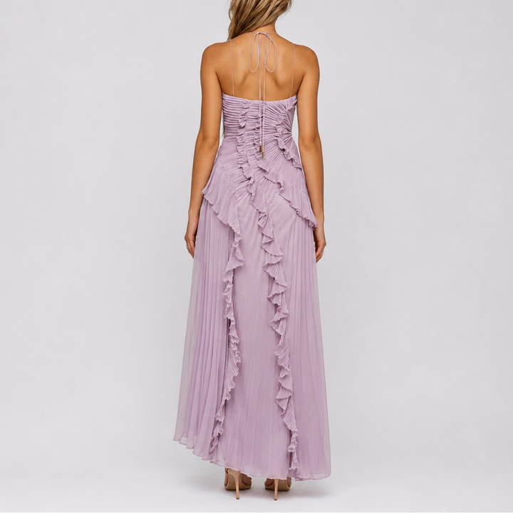 Women's Pleated Ruffle Halter Maxi Dress for Weddings & Events, view 2 - Elena Harper