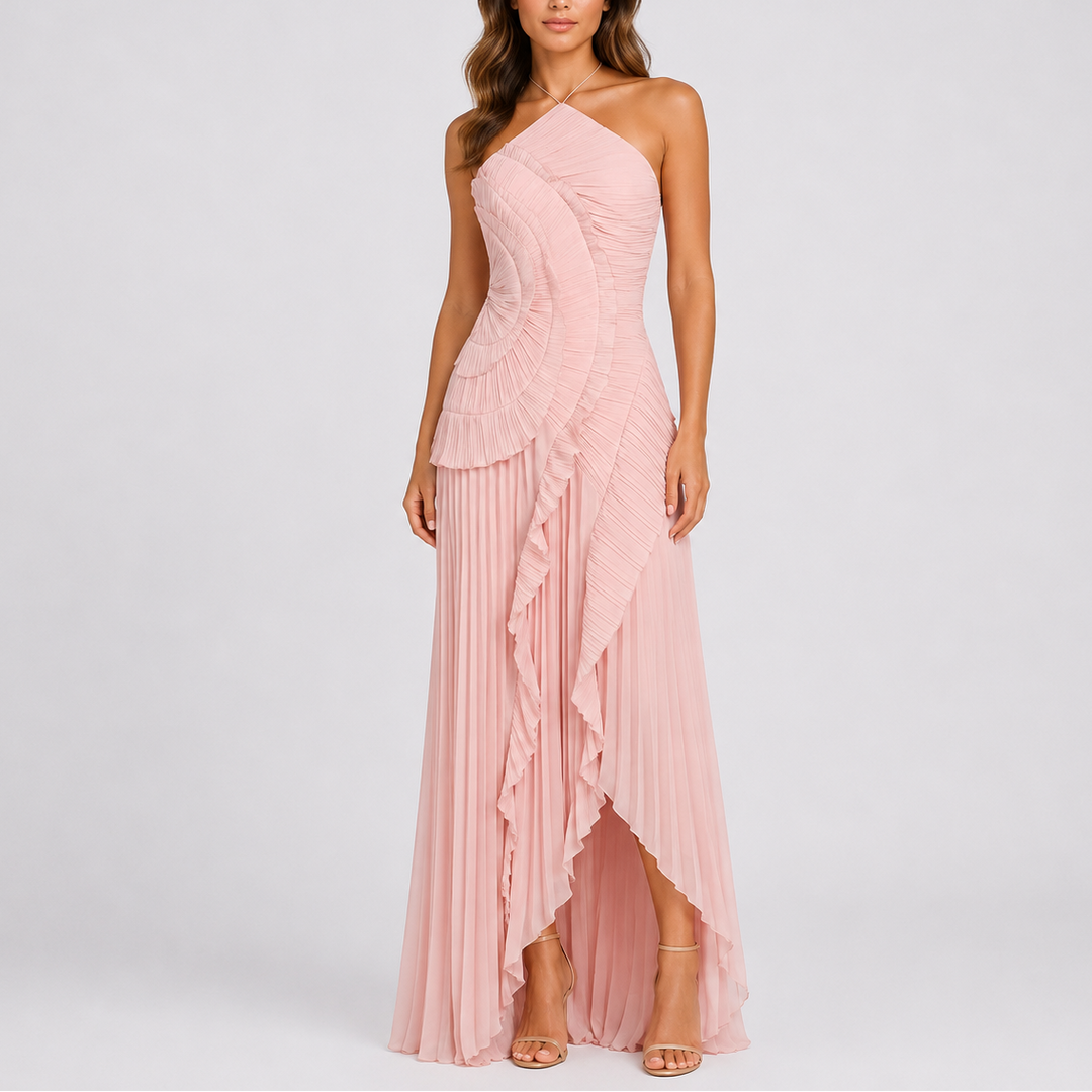 Women's Pleated Ruffle Halter Maxi Dress for Weddings & Events, view 3 - Elena Harper