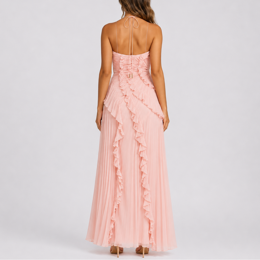 Women's Pleated Ruffle Halter Maxi Dress for Weddings & Events, view 4 - Elena Harper