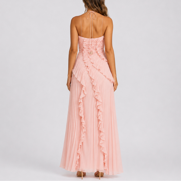 Women's Pleated Ruffle Halter Maxi Dress for Weddings & Events, view 4 - Elena Harper