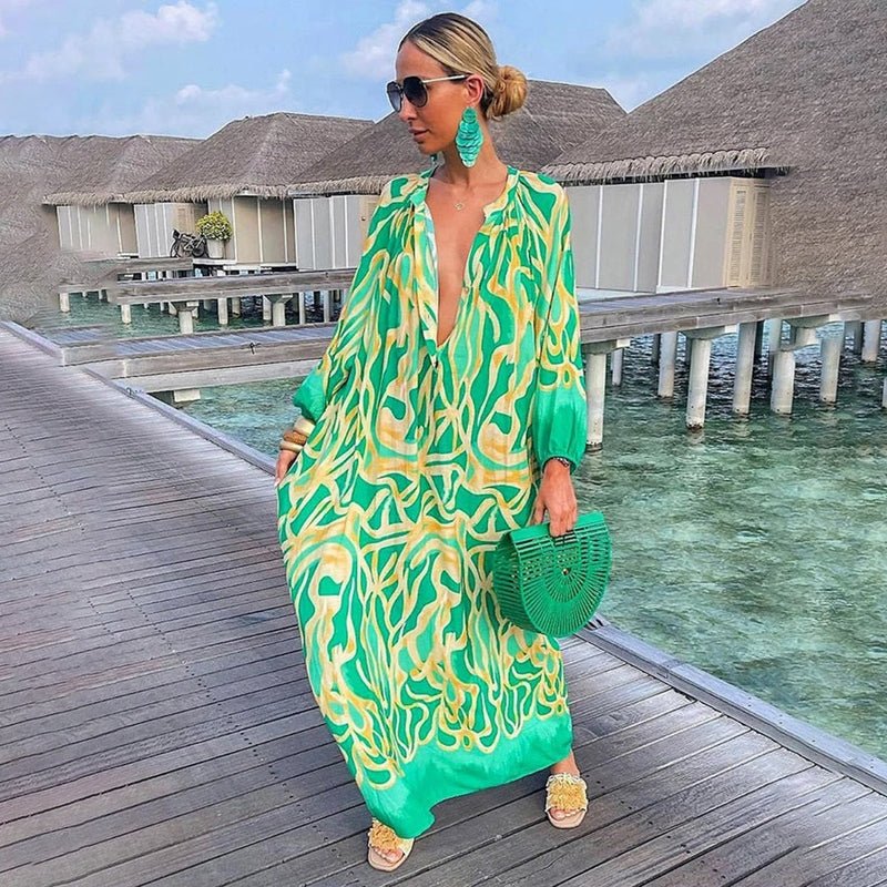 Mia | Women's Abstract Print Long Sleeve Plunging V-Neck Maxi Kaftan Dress
