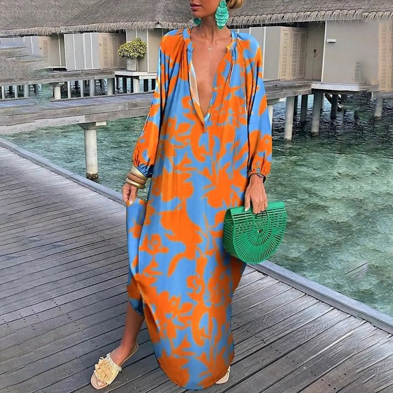 Mia | Women's Abstract Print Long Sleeve Plunging V-Neck Maxi Kaftan Dress