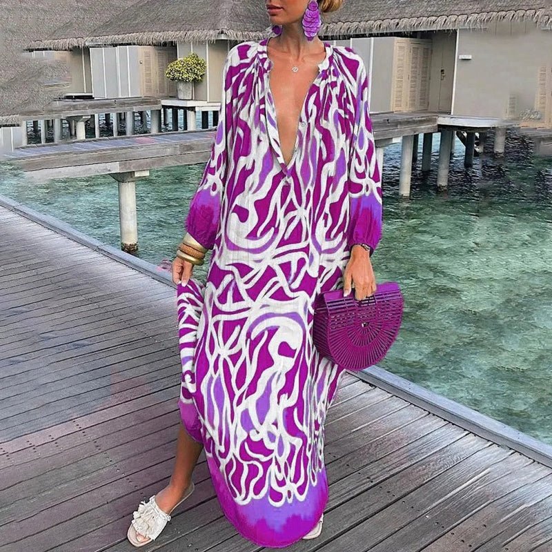 Mia | Women's Abstract Print Long Sleeve Plunging V-Neck Maxi Kaftan Dress