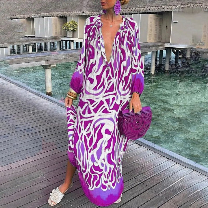 Mia | Women's Abstract Print Long Sleeve Plunging V-Neck Maxi Kaftan Dress