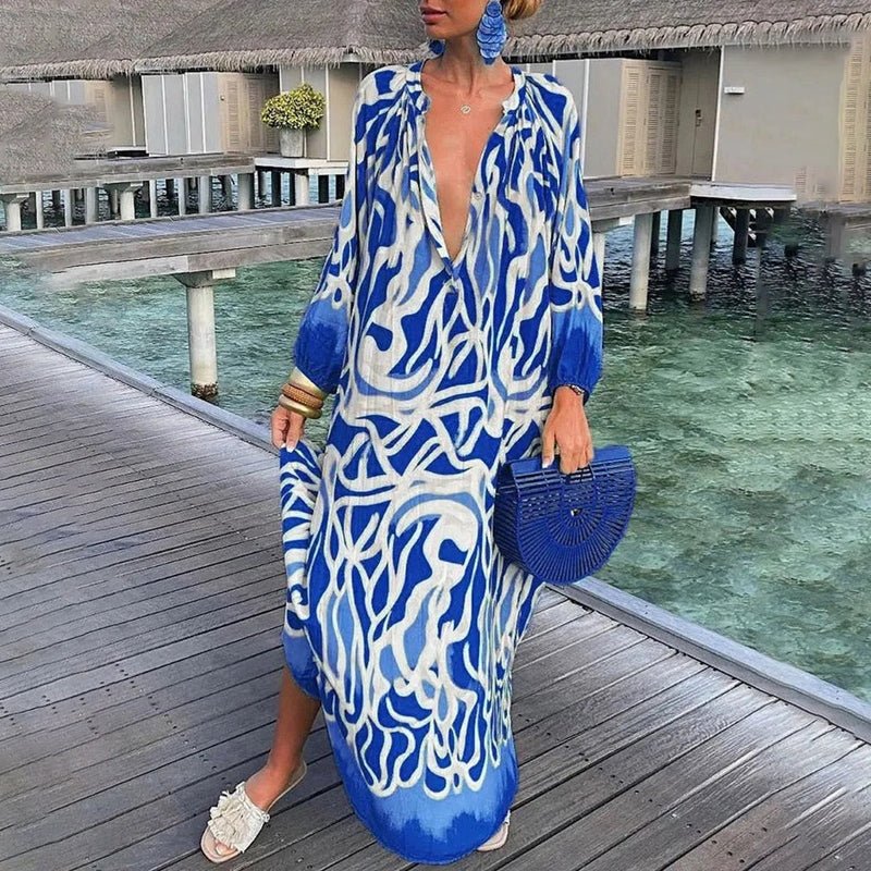 Mia | Women's Abstract Print Long Sleeve Plunging V-Neck Maxi Kaftan Dress