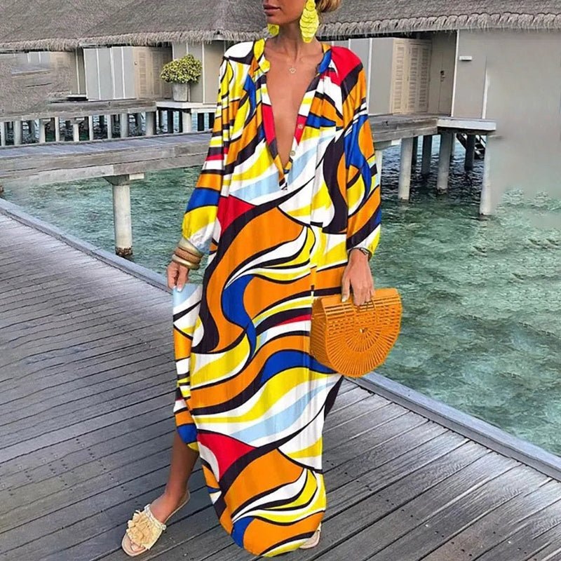 Mia | Women's Abstract Print Long Sleeve Plunging V-Neck Maxi Kaftan Dress