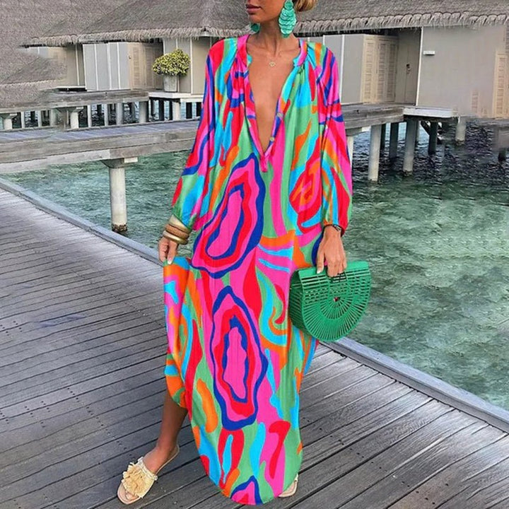 Mia | Women's Abstract Print Long Sleeve Plunging V-Neck Maxi Kaftan Dress