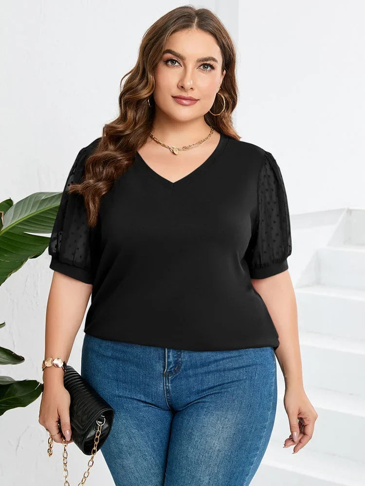 Women's Black Knit Dotted Puff-Sleeve V-Neck Blouse