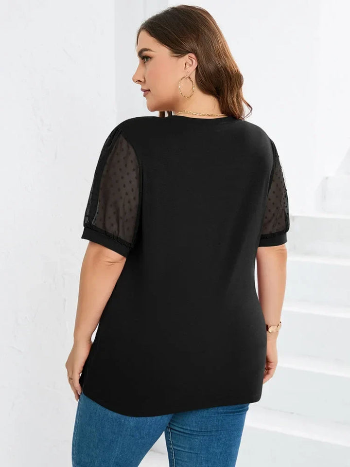 Women's Black Knit Dotted Puff-Sleeve V-Neck Blouse