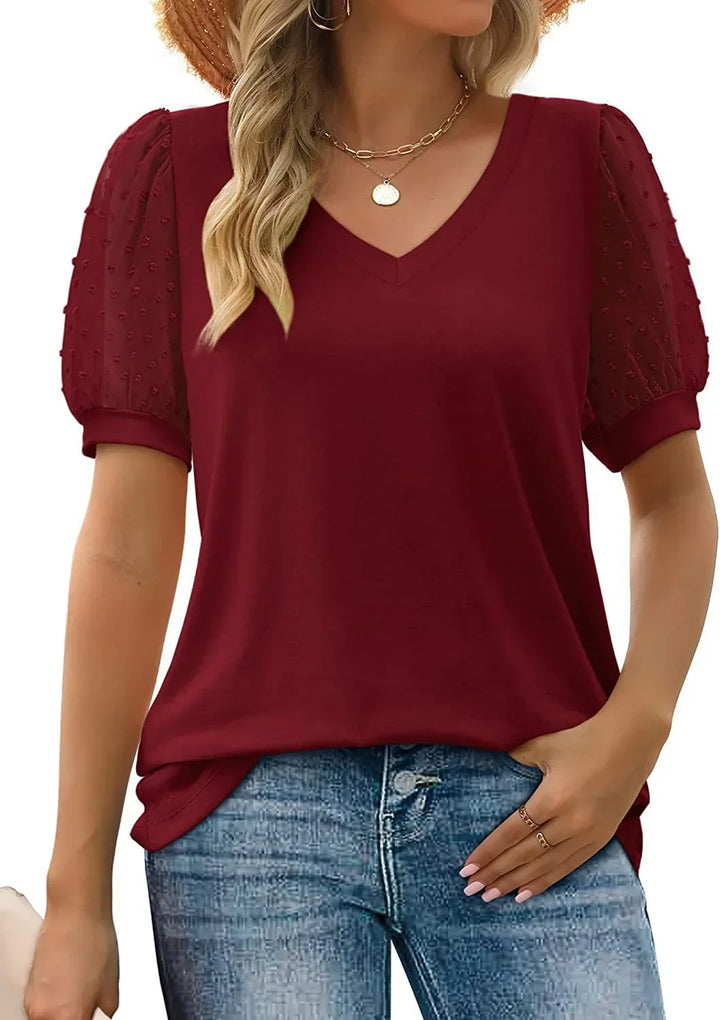 Women's Black Knit Dotted Puff-Sleeve V-Neck Blouse