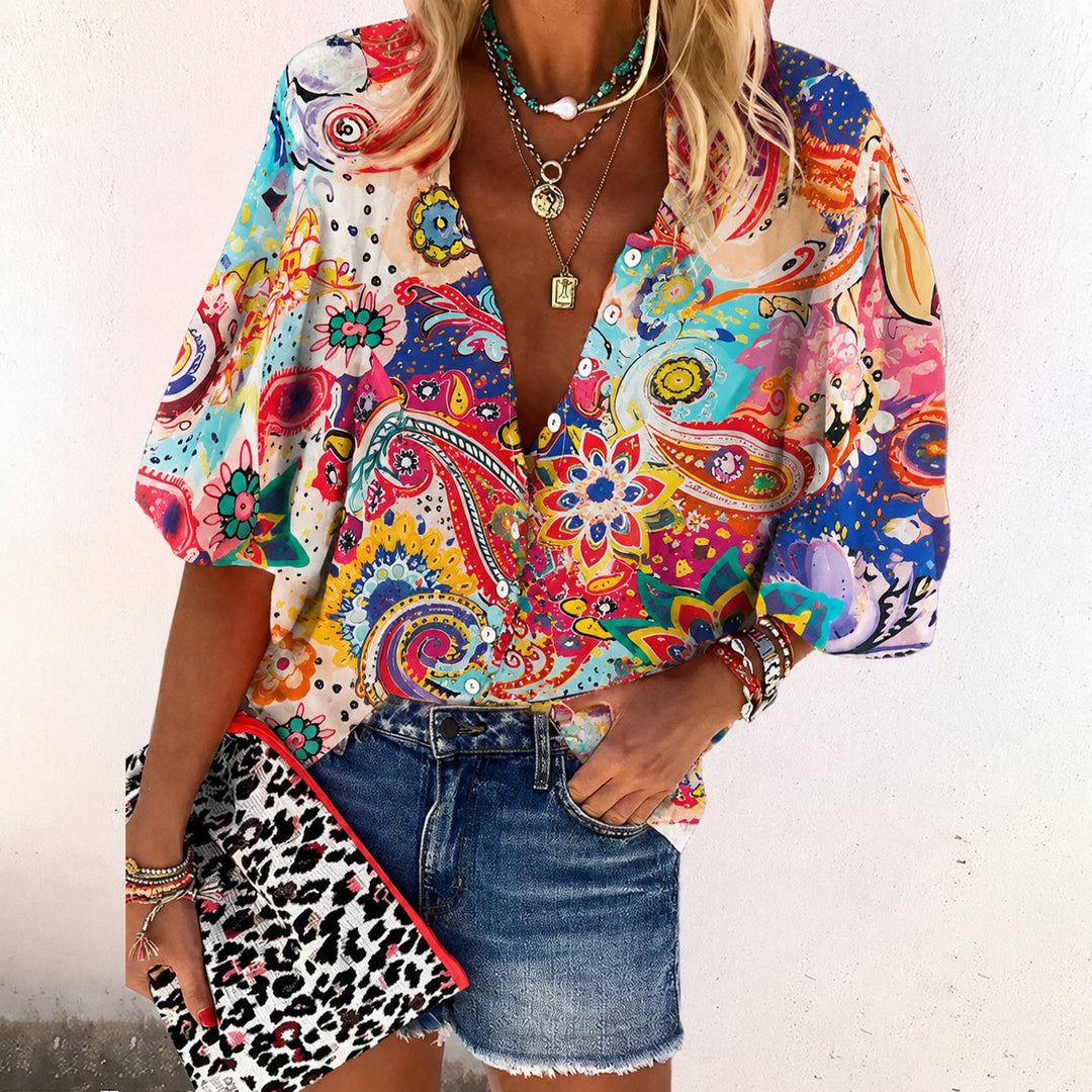 Miriam | Elegant Bohemian Floral V-Neck Blouse