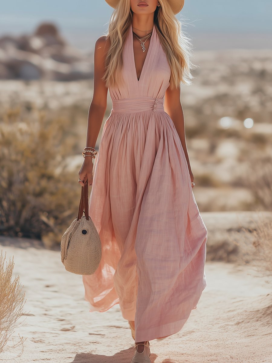 Phoebe | Women's Boho Cotton-Linen Halter Maxi Dress