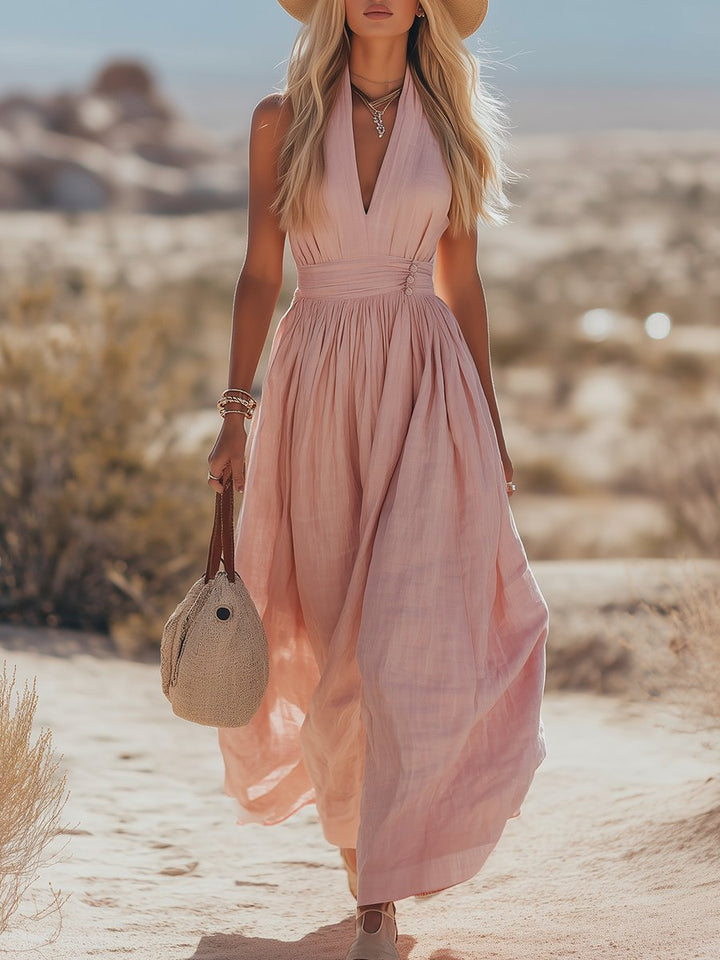 Phoebe | Women's Boho Cotton-Linen Halter Maxi Dress