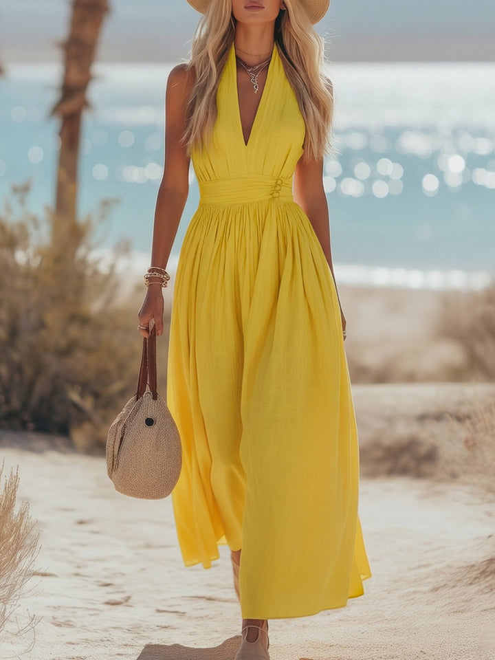 Phoebe | Women's Boho Cotton-Linen Halter Maxi Dress