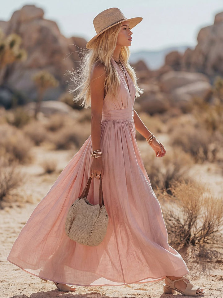 Phoebe | Women's Boho Cotton-Linen Halter Maxi Dress