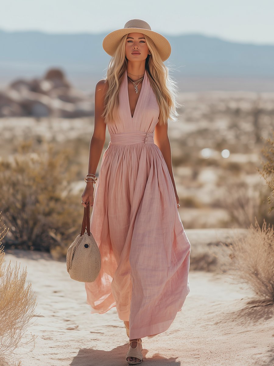 Phoebe | Women's Boho Cotton-Linen Halter Maxi Dress