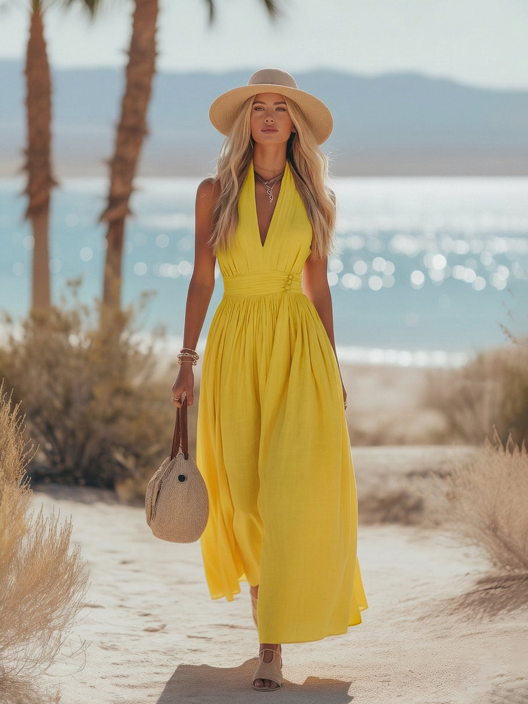 Phoebe | Women's Boho Cotton-Linen Halter Maxi Dress