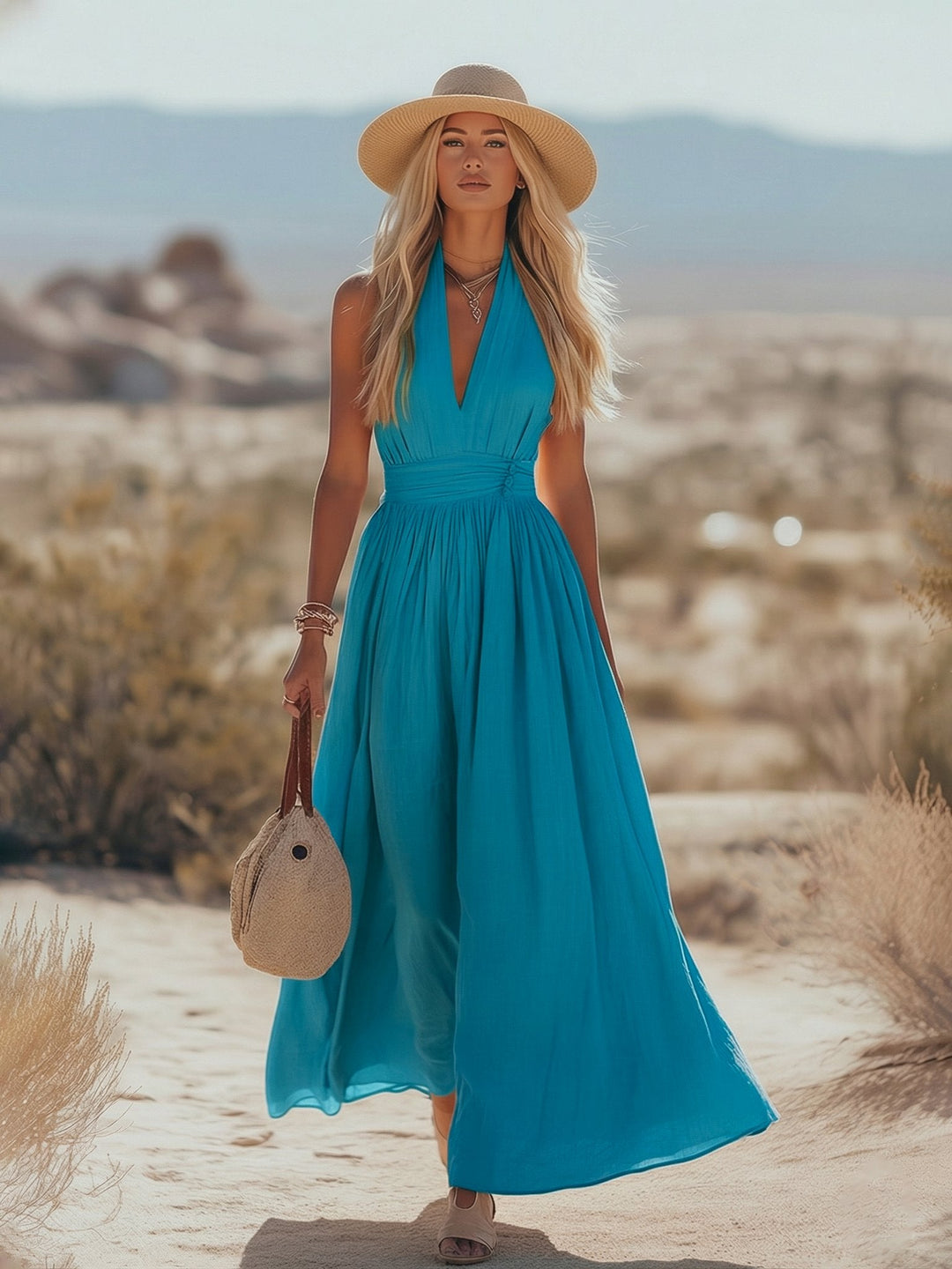 Phoebe | Women's Boho Cotton-Linen Halter Maxi Dress