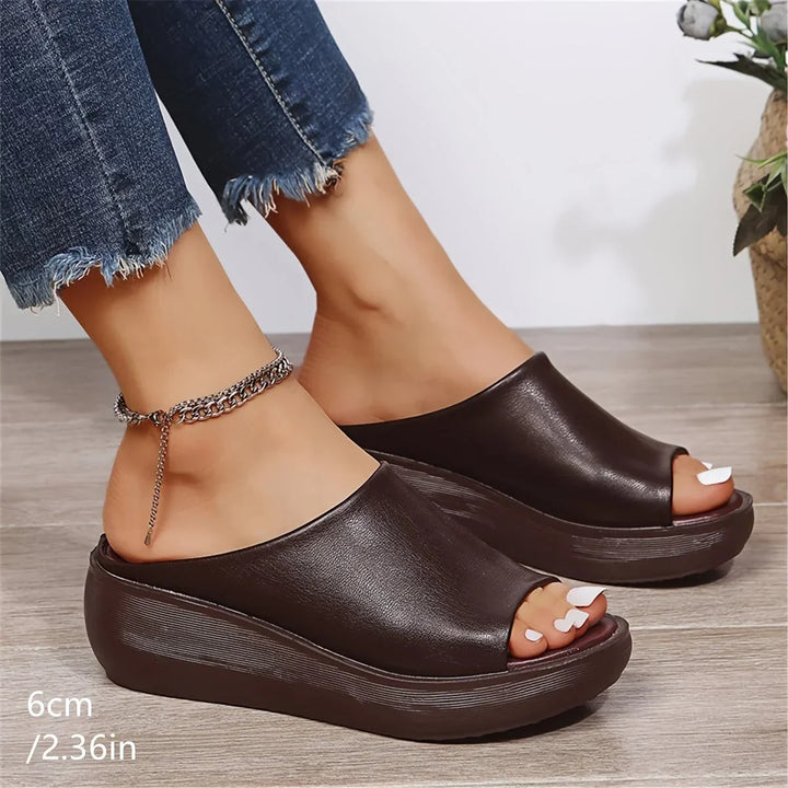 Women's Brown Slip-On Wedge Sandals with Open-Toe Design