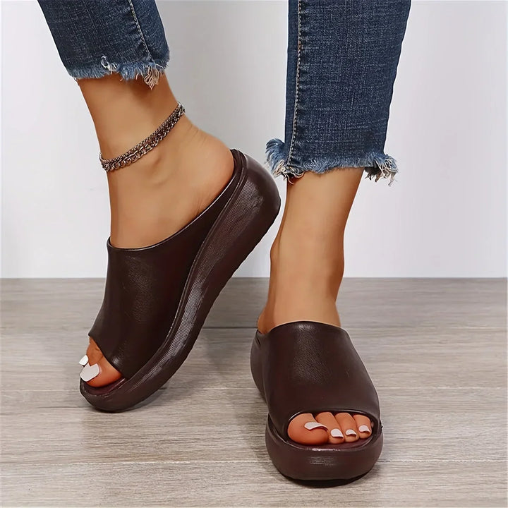 Women's Brown Slip-On Wedge Sandals with Open-Toe Design