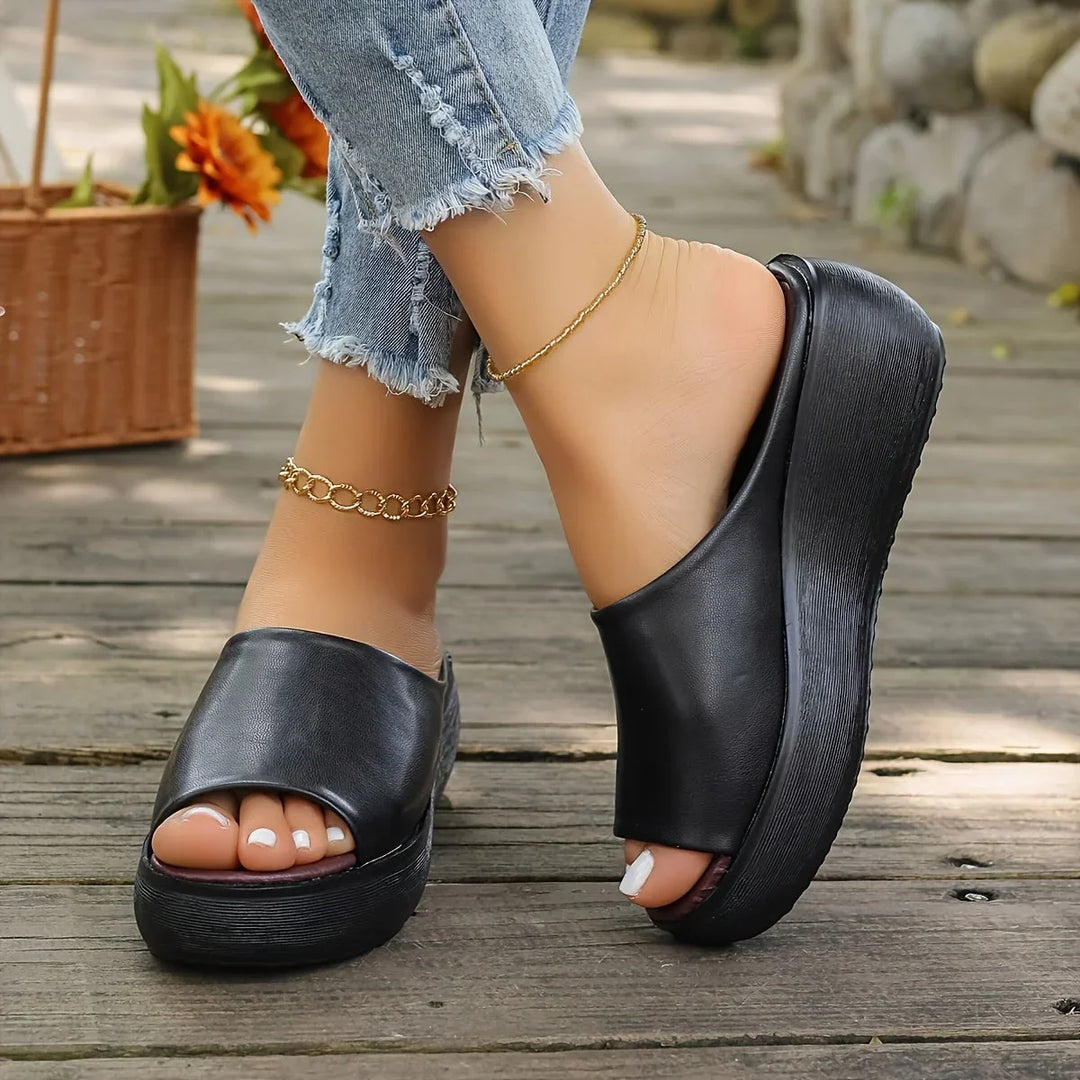 Women's Brown Slip-On Wedge Sandals with Open-Toe Design