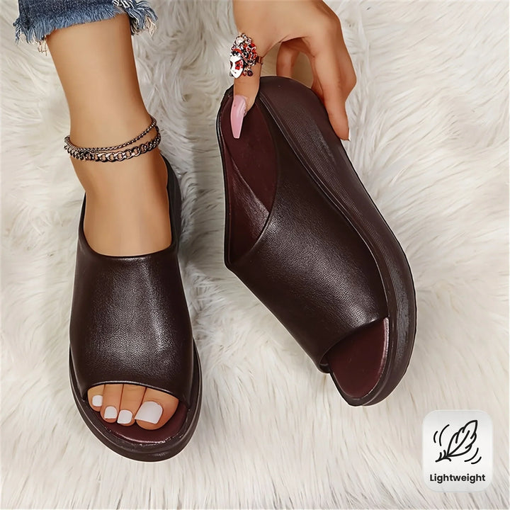 Women's Brown Slip-On Wedge Sandals with Open-Toe Design