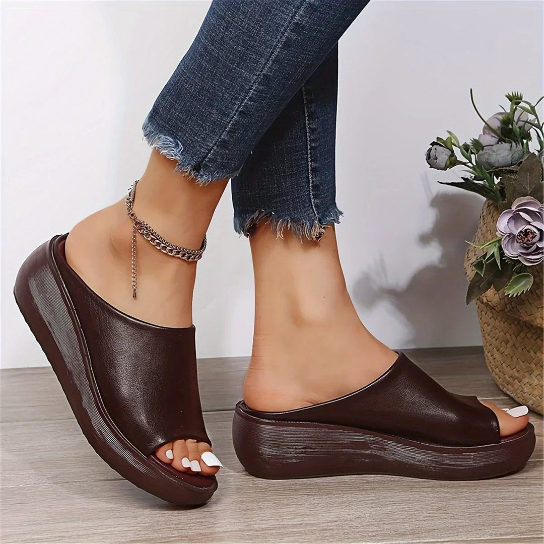 Women's Brown Slip-On Wedge Sandals with Open-Toe Design