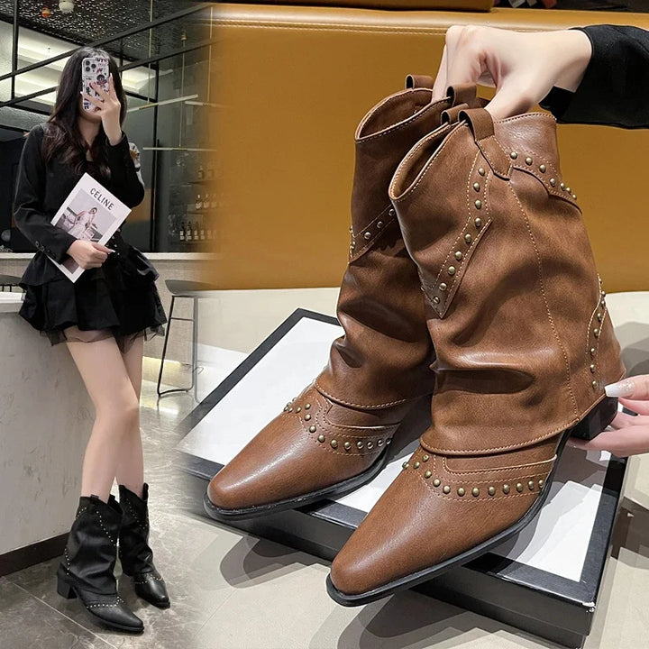 Women's Studded Western Mid-Calf Boots with Pointed Toe