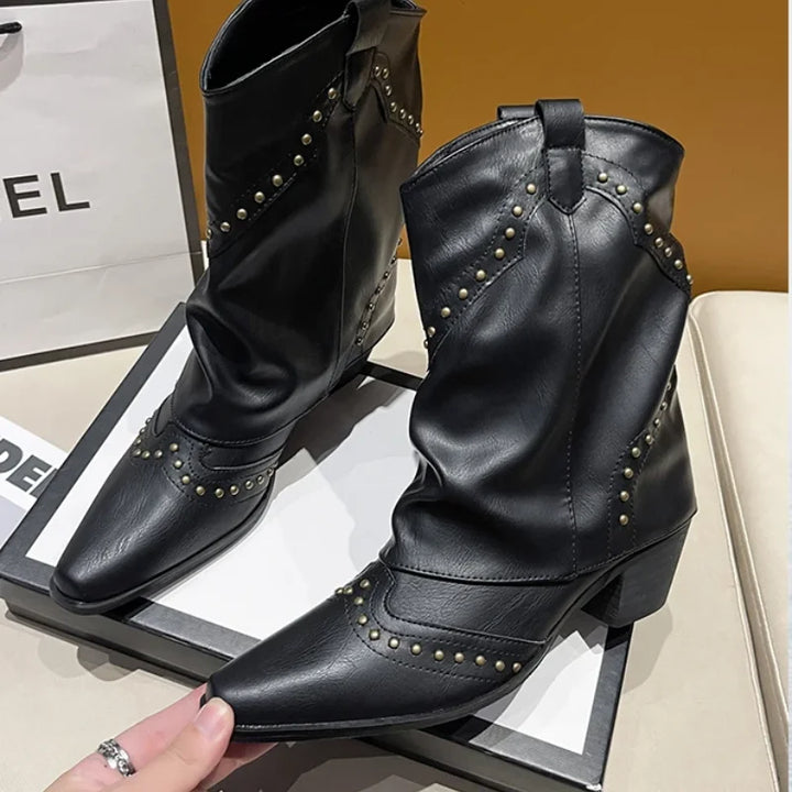 Women's Studded Western Mid-Calf Boots with Pointed Toe