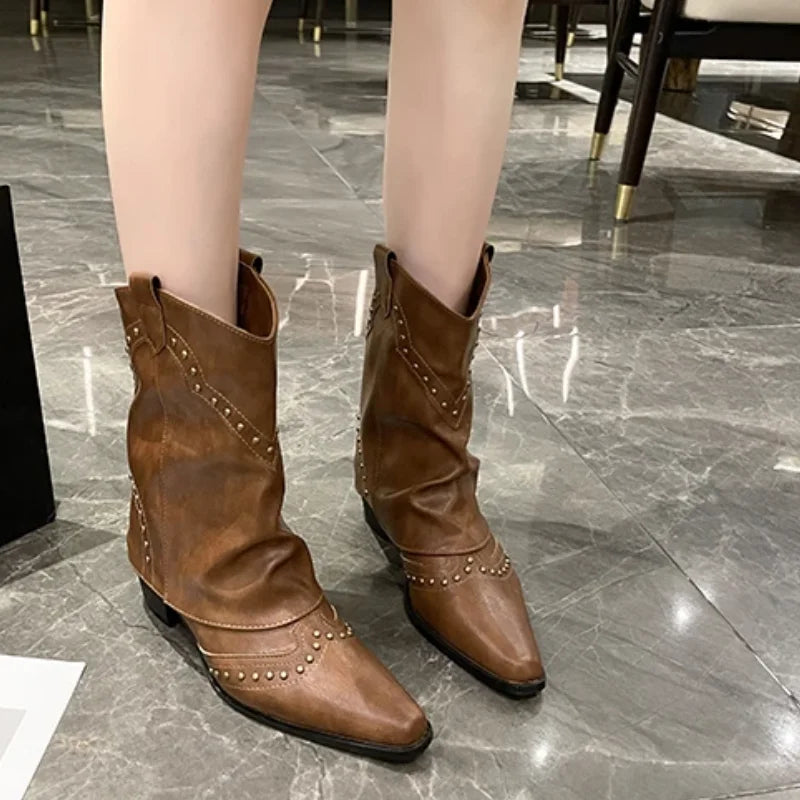 Women's Studded Western Mid-Calf Boots with Pointed Toe