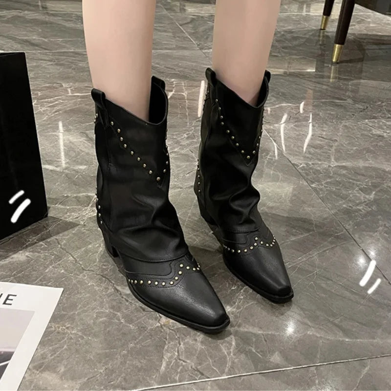 Women's Studded Western Mid-Calf Boots with Pointed Toe