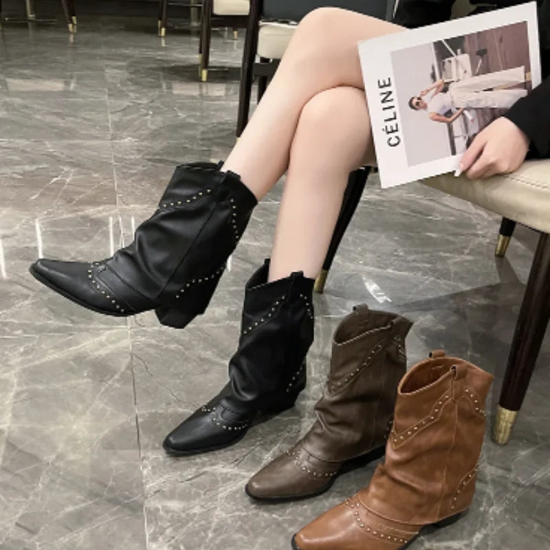 Women's Studded Western Mid-Calf Boots with Pointed Toe
