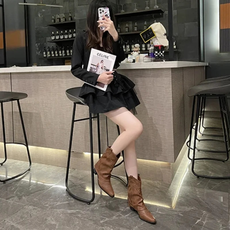 Women's Studded Western Mid-Calf Boots with Pointed Toe