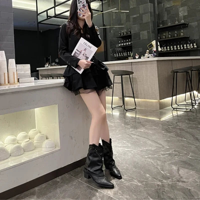 Women's Studded Western Mid-Calf Boots with Pointed Toe