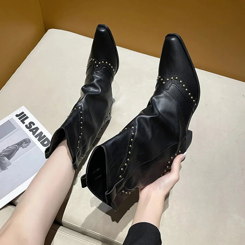 Women's Studded Western Mid-Calf Boots with Pointed Toe