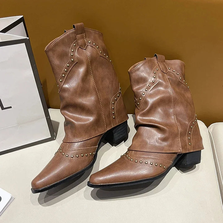 Women's Studded Western Mid-Calf Boots with Pointed Toe