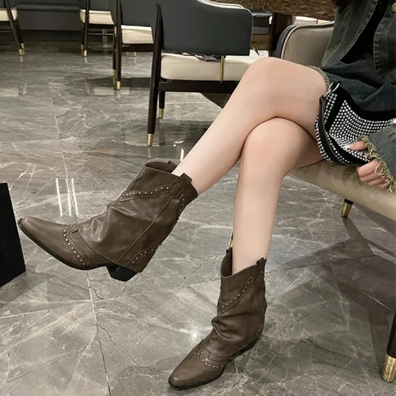 Women's Studded Western Mid-Calf Boots with Pointed Toe