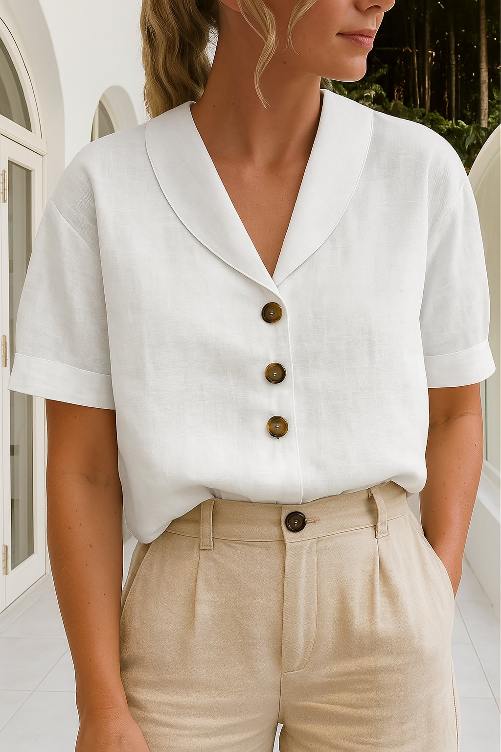 Isla | Women's Button Front Blouse Short Sleeve V-Neck